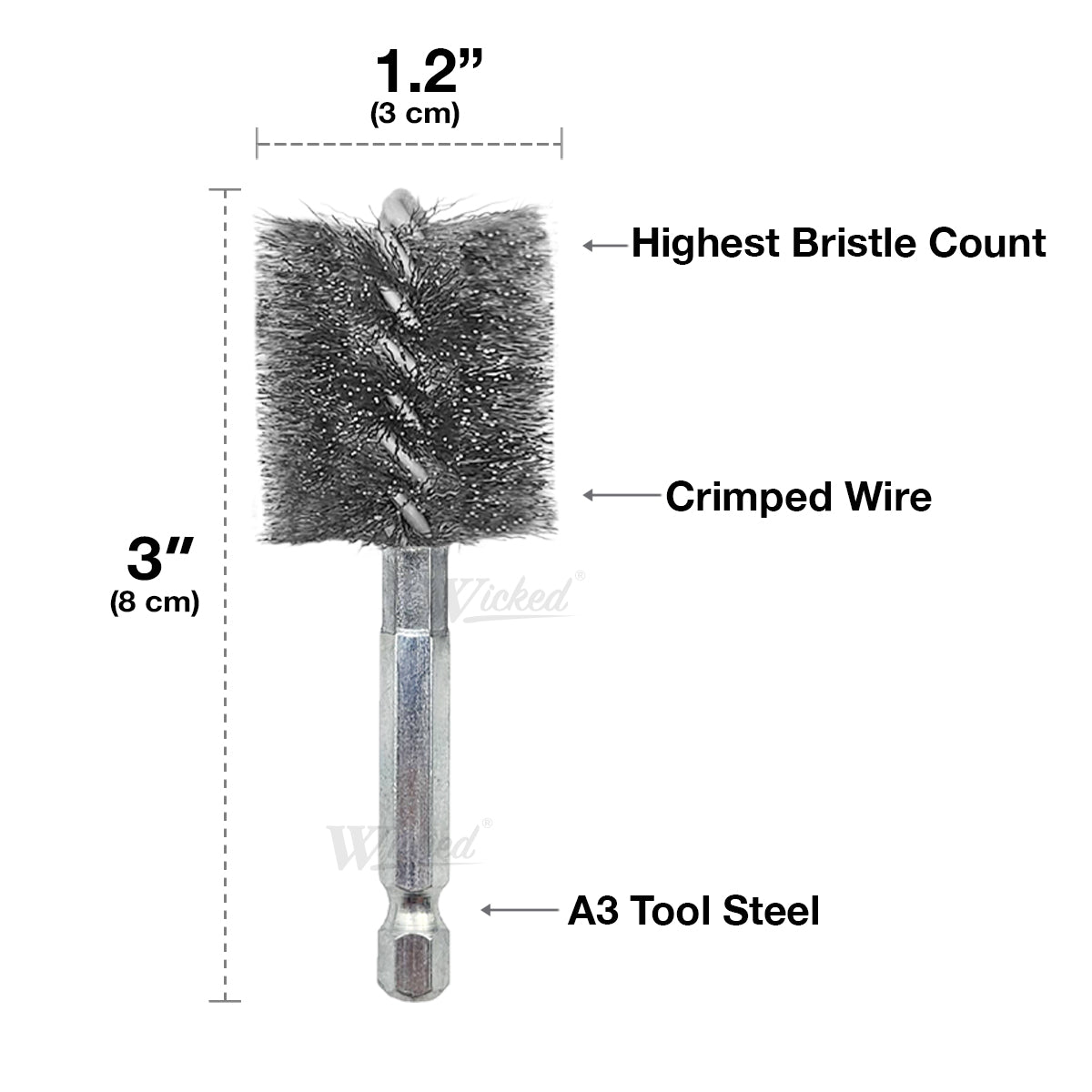 Copper pipe fitting cleaner wire bore brush with highest bristle count, crimped wire, and A3 tool steel, 1.2" x 3".
