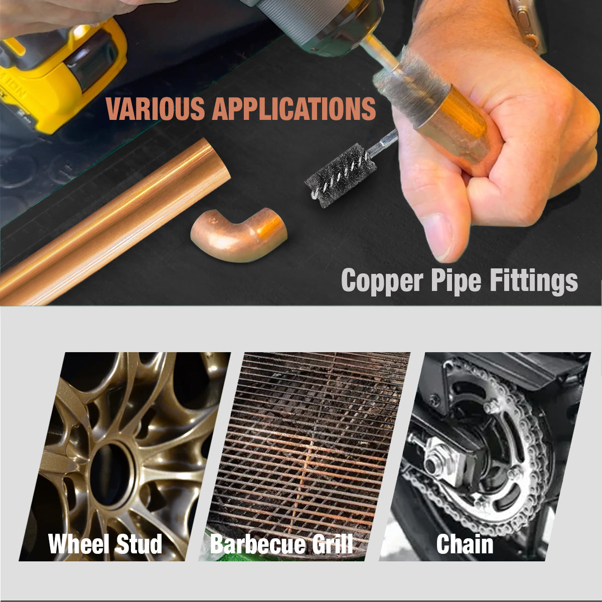 Copper pipe cleaner replacement brush cleaning copper fittings and various applications like wheel stud, barbecue grill, and chain.