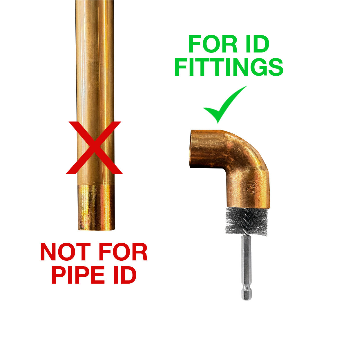 "Copper pipe fitting cleaner brush shown for ID fittings, not for pipe ID, with visual comparison of incorrect and correct uses."