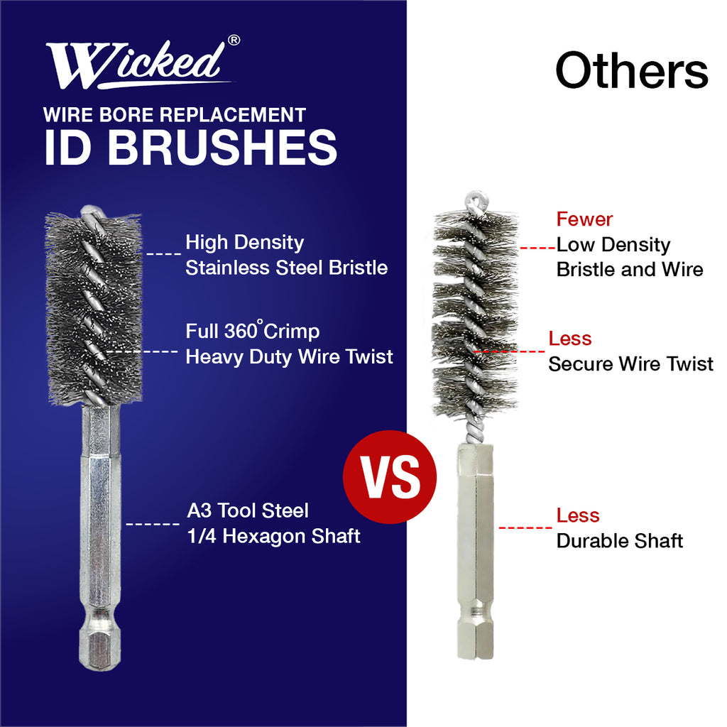 Comparison of Wicked wire bore replacement ID brushes with others, highlighting high-density bristle and durable tool steel shaft.