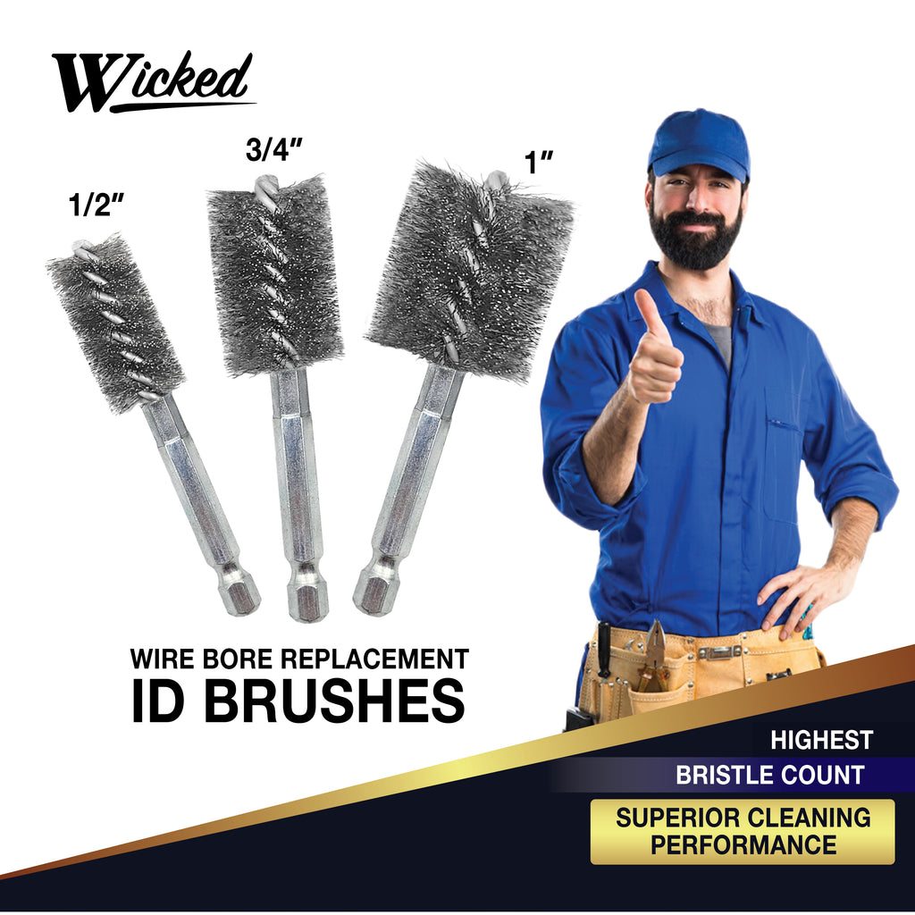 "WICKED ID Copper Tube Pipe Cleaner Replacement Brushes Multi-Pack with sizes ½, ¾, and 1 inch, featuring high bristle count."